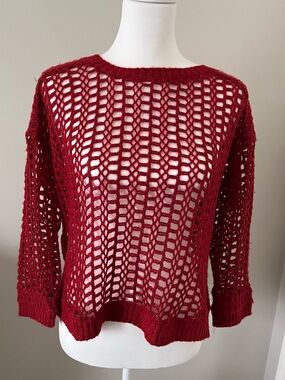 DKNY Red with slight sparkle Open-Weave Crew Sweater